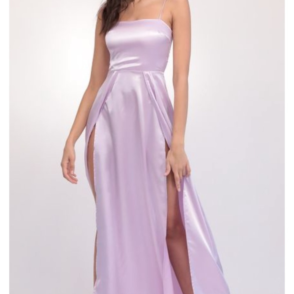 Lucy in the Sky Lavender Satin Maxi Dress with High Slits